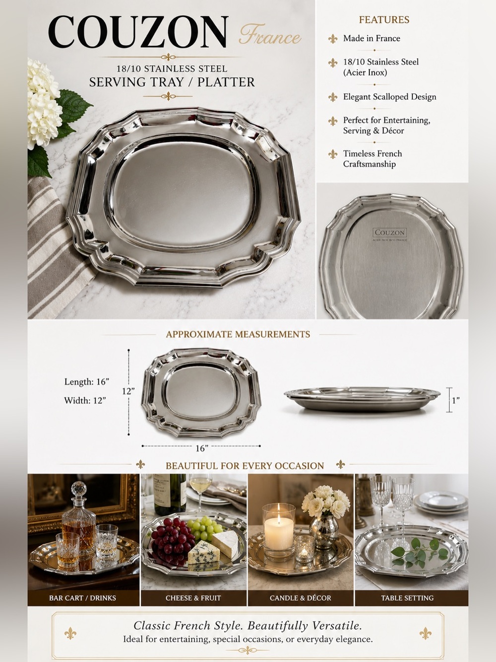 Couzon France 18/10 Stainless Steel Serving Tray Platter Scalloped 16" x 12"